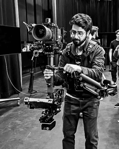 Black and white director operating vintage film camera.